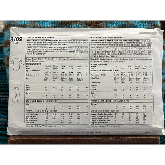 Simplicity 8109 top pants pattern size XS-XL - Picture 3 of 5